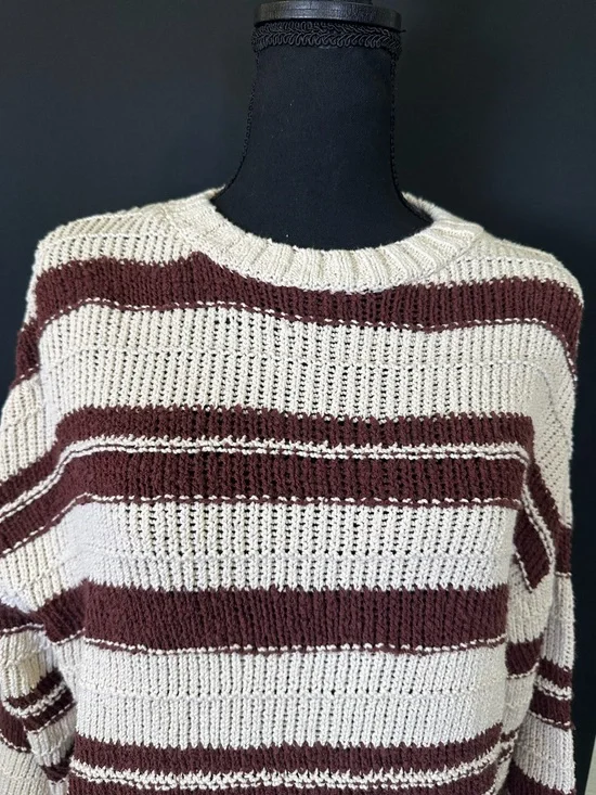 #175- Zara Cream and Brown Striped Crewneck Sweater - Picture 3 of 10